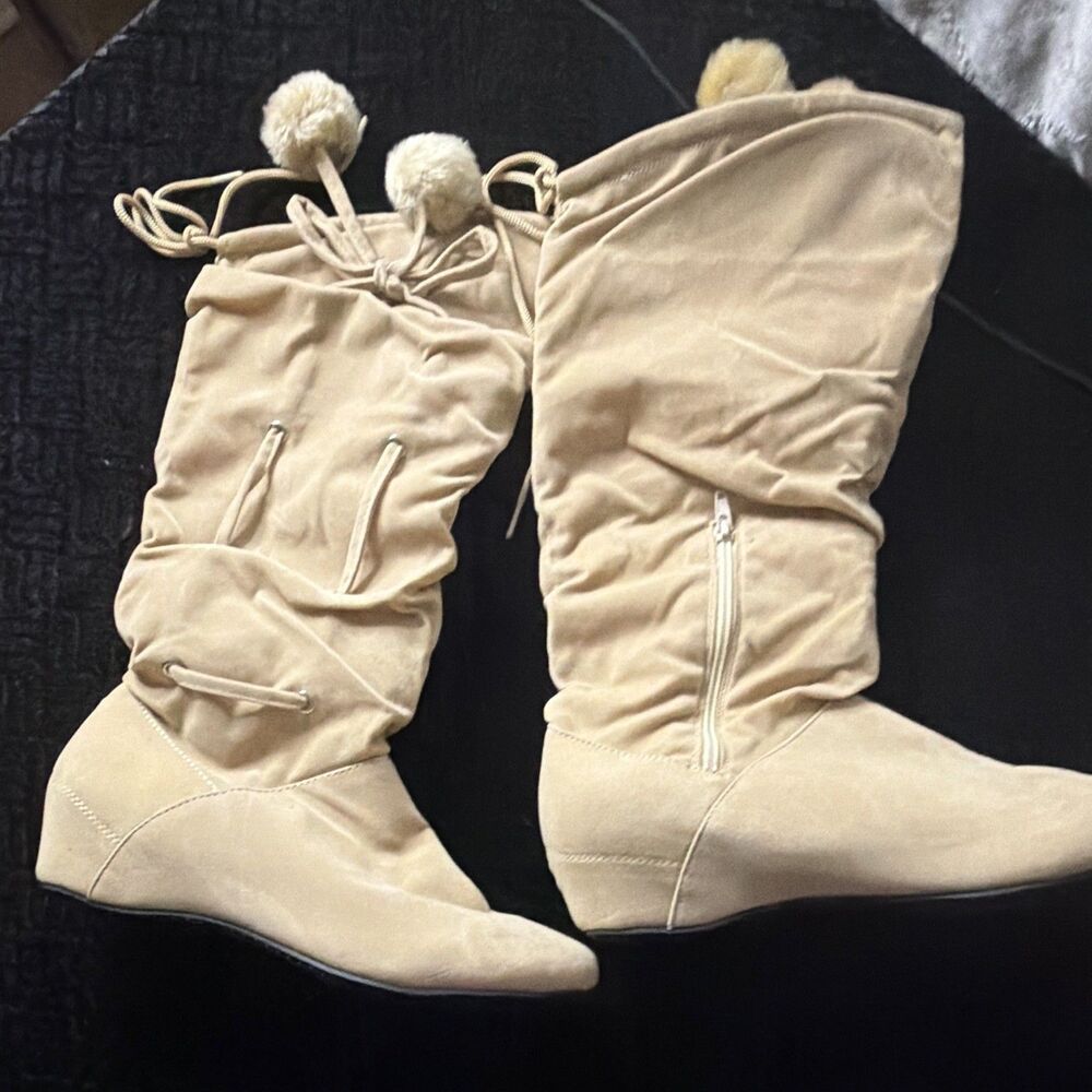 Beige Knee-High Boots Faux Suede Faux Fur Trim Pom Poms Zip Women's Size 9